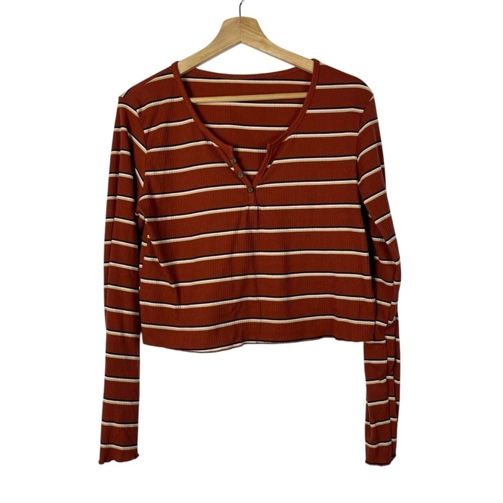 Boutique Orange Ribbed Stripe Henley Crop Long Sleeve T-Shirt L